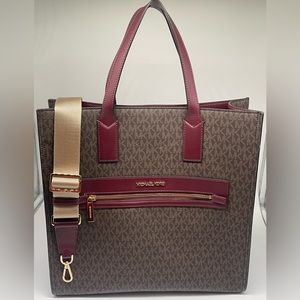 Michael Kors Kenly Large NS Tote Crossbody Brown MK Signature with Burgundy
